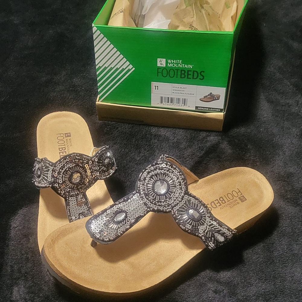 White Mountain Black and Tan Sandals with Ornate Straps